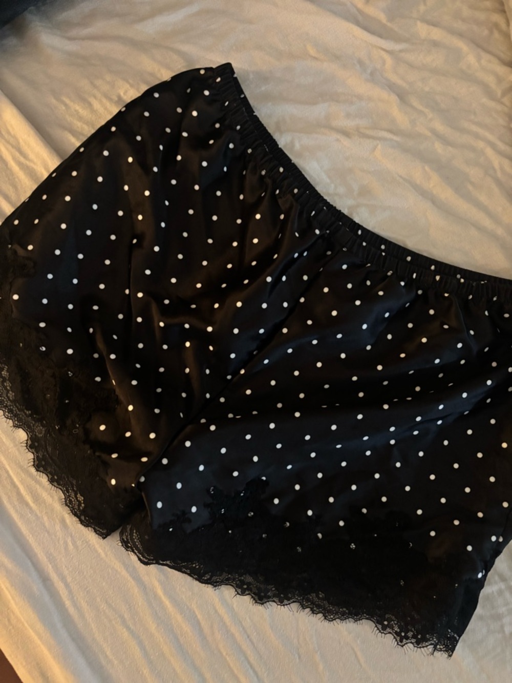Zoe + Liv Black Satin Polka Dot Sleep Shorts with Lace Trim